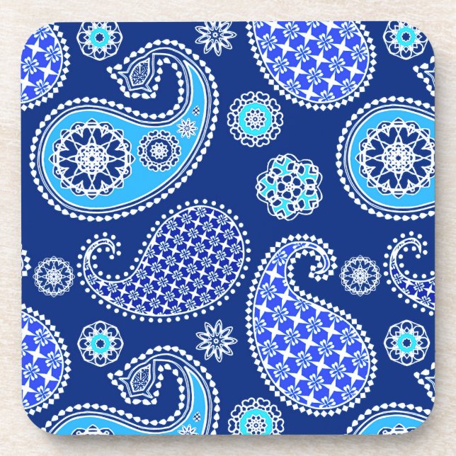 Paisley pattern, cobalt blue and white beverage coaster (Front)