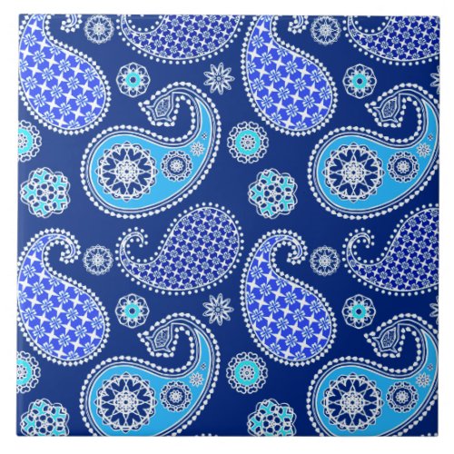 Paisley pattern cobalt blue and white ceramic tile