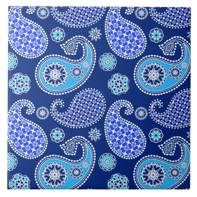 Paisley pattern, cobalt blue and white ceramic tile (Front)