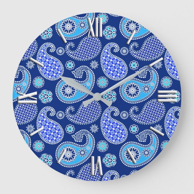 Paisley pattern, cobalt blue and white large clock (Front)