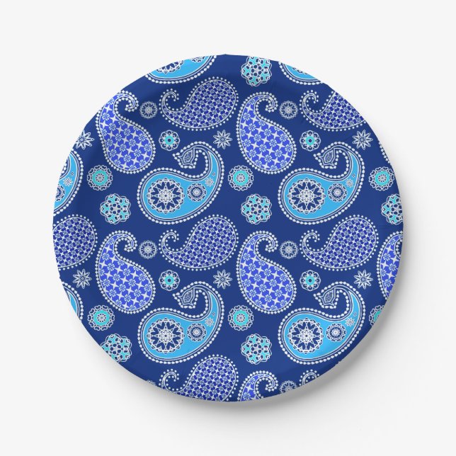 Paisley pattern, cobalt blue and white paper plates (Front)