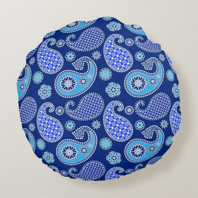 Paisley pattern, cobalt blue and white round pillow (Back)