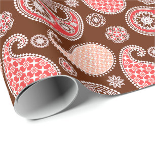 Paisley pattern, coral and chocolate brown wrapping paper