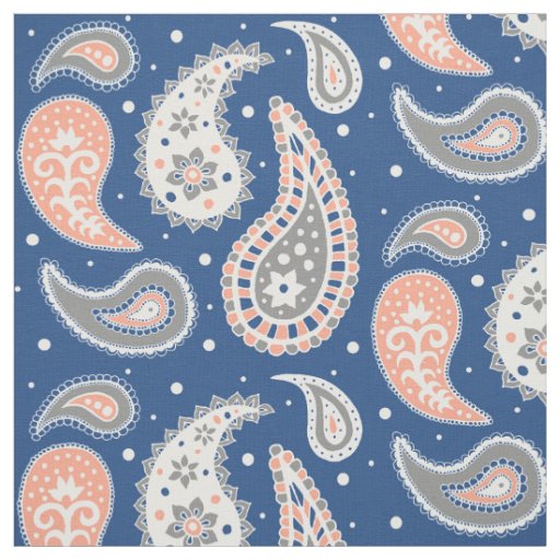 Paisley Pattern Coral Navy Blue Grey Fabric