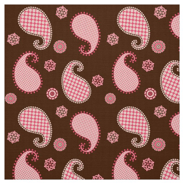 Paisley pattern, coral pink and chocolate brown fabric (Swatch)