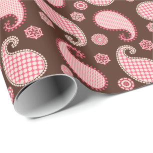 Paisley pattern, coral pink and chocolate brown wrapping paper