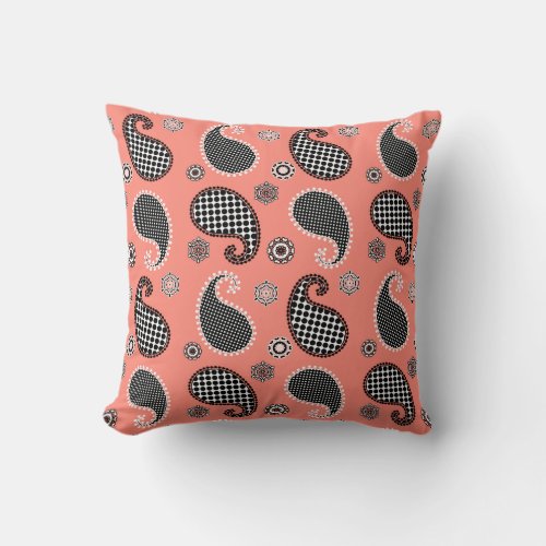 Paisley pattern coral pink black and white throw pillow