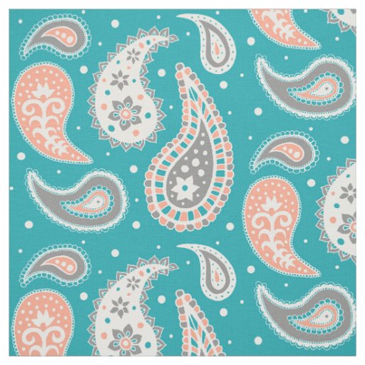 Paisley Pattern Coral Teal Grey Fabric