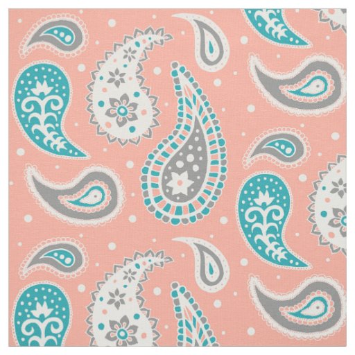 Paisley Pattern Coral Teal Grey Fabric