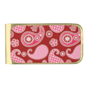 Paisley pattern, Dark Red, Pink and White Gold Finish Money Clip