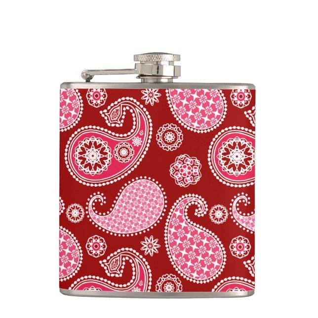 Paisley pattern, Dark Red, Pink and White Hip Flask (Front)