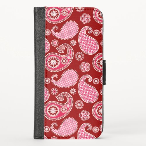 Paisley pattern Dark Red Pink and White iPhone X Wallet Case