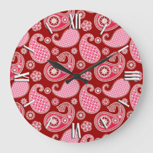 Paisley pattern, Dark Red, Pink and White Large Clock