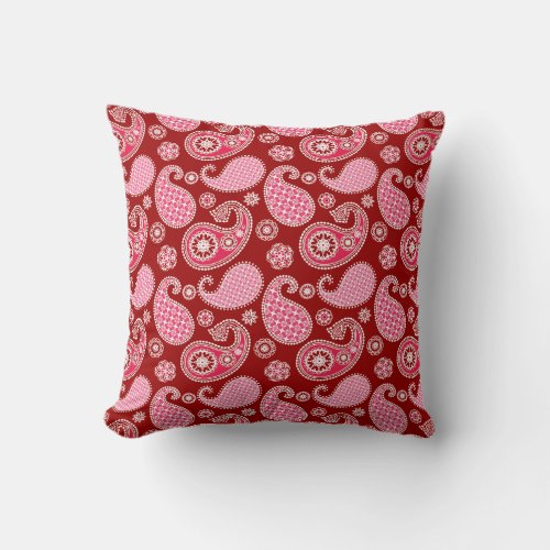 Paisley pattern Dark Red Pink and White Throw Pillow