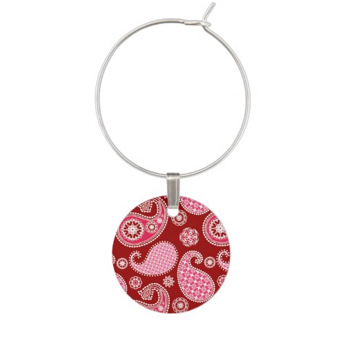 Paisley pattern Dark Red Pink and White Wine Glass Charm