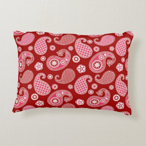 Paisley Pattern Dark Red White and Coral Pink Accent Pillow