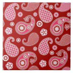 Paisley Pattern, Dark Red, White and Coral Pink Ceramic Tile
