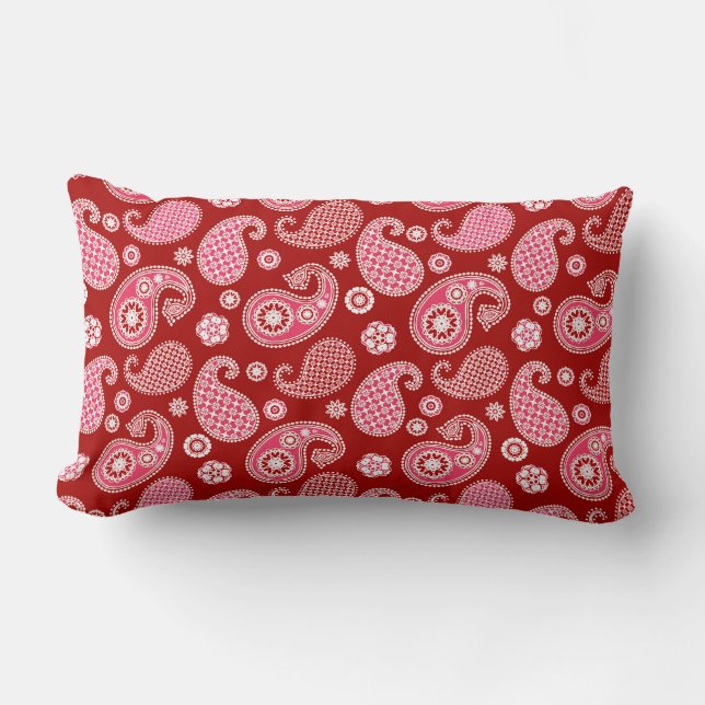 Paisley Pattern, Dark Red, White and Coral Pink Lumbar Pillow (Front)