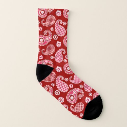Paisley Pattern Dark Red White and Coral Pink Socks