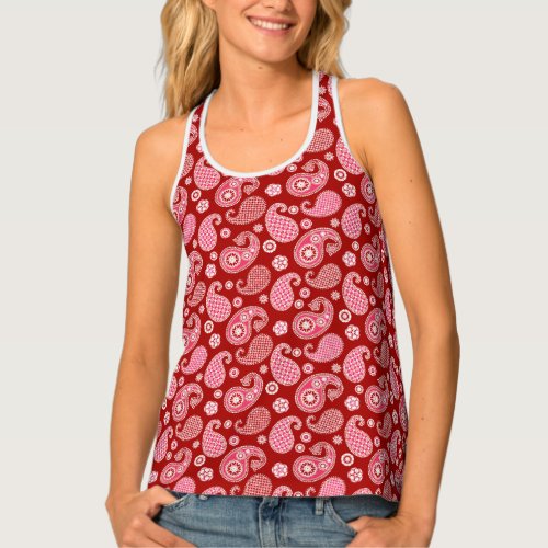 Paisley Pattern Dark Red White and Coral Pink Tank Top