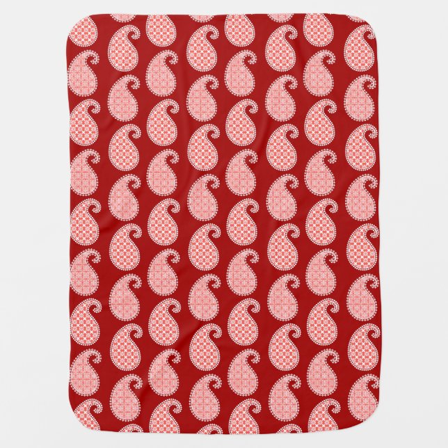 Paisley pattern, deep red and white baby blanket (Front)