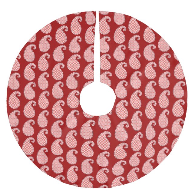 Paisley pattern, deep red and white brushed polyester tree skirt (Front)