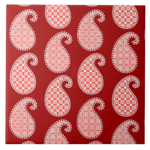 Paisley pattern, deep red and white ceramic tile