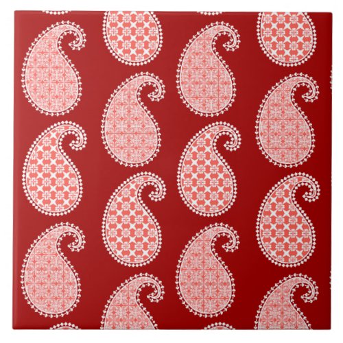 Paisley pattern deep red and white ceramic tile