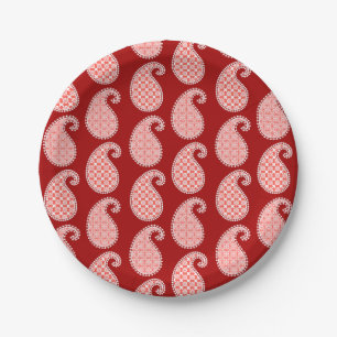 Paisley pattern, deep red and white paper plates