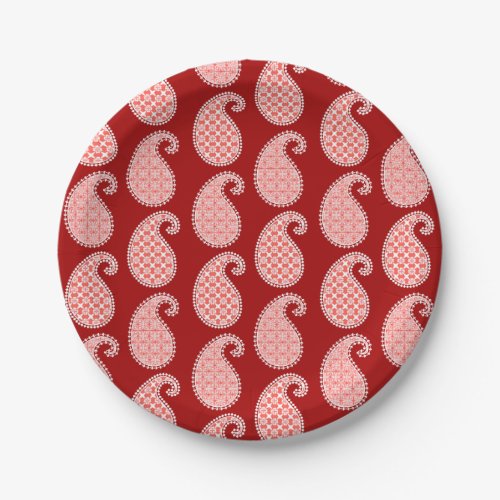 Paisley pattern deep red and white paper plates