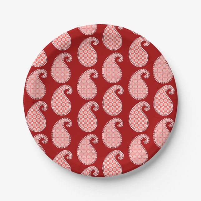 Paisley pattern, deep red and white paper plates (Front)