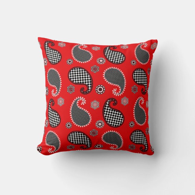 Paisley pattern, deep red, black and white throw pillow (Front)
