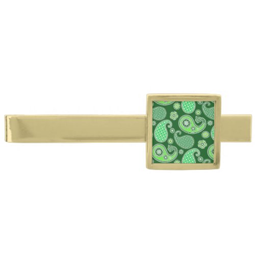 Paisley pattern Emerald and Jade Green Gold Finis Gold Finish Tie Bar