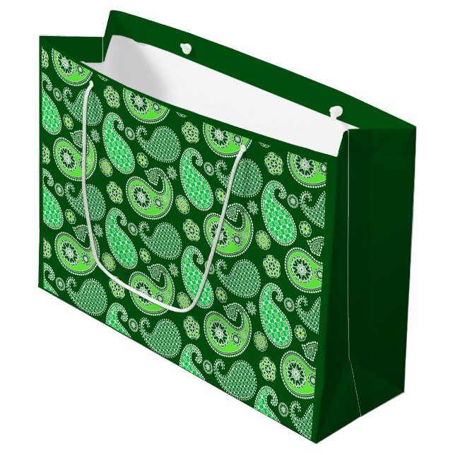 Paisley pattern, Emerald and Jade Green Large Gift Bag (Front Angled)