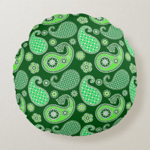 Paisley pattern, Emerald and Jade Green Round Pillow