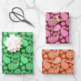 Paisley Pattern, Emerald, Burgundy & Orange Wrapping Paper Sheets