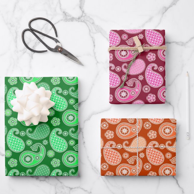 Paisley Pattern, Emerald, Burgundy & Orange  Wrapping Paper Sheets (Front)