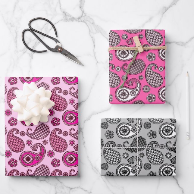 Paisley Pattern, Fuchsia Pink and Gray Wrapping Paper Sheets (Front)