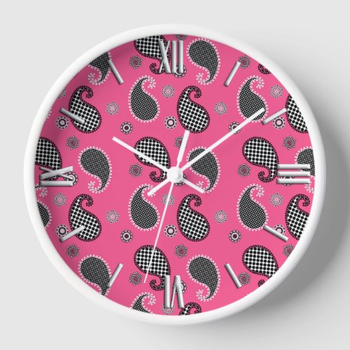 Paisley pattern fuchsia pink black and white clock