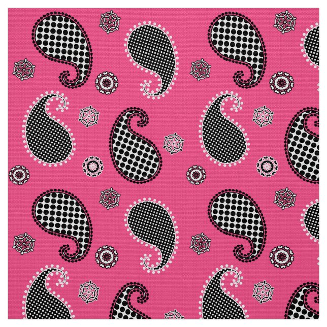 Paisley pattern, fuchsia pink, black and white fabric (Swatch)