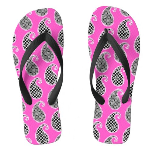 Paisley pattern fuchsia pink black and white flip flops