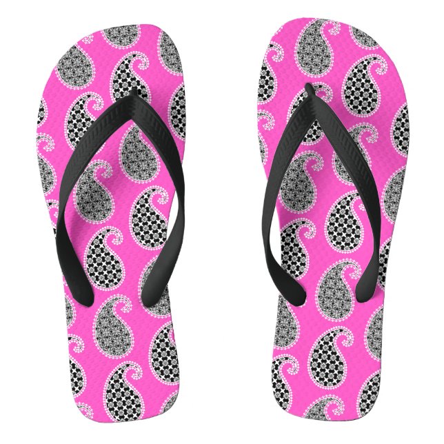 Paisley pattern, fuchsia pink, black and white flip flops (Footbed)