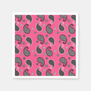 Paisley pattern, fuchsia pink, black and white napkins
