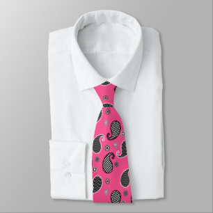 Paisley pattern, fuchsia pink, black and white neck tie