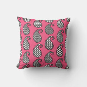 Paisley pattern, fuchsia pink, black and white outdoor pillow