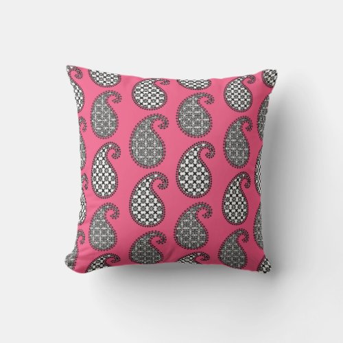Paisley pattern fuchsia pink black and white outdoor pillow