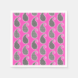 Paisley pattern, fuchsia pink, black and white paper napkins