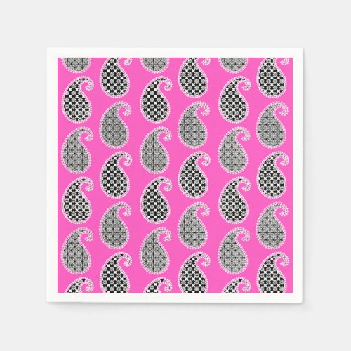 Paisley pattern fuchsia pink black and white paper napkins