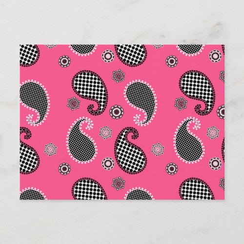 Paisley pattern fuchsia pink black and white postcard