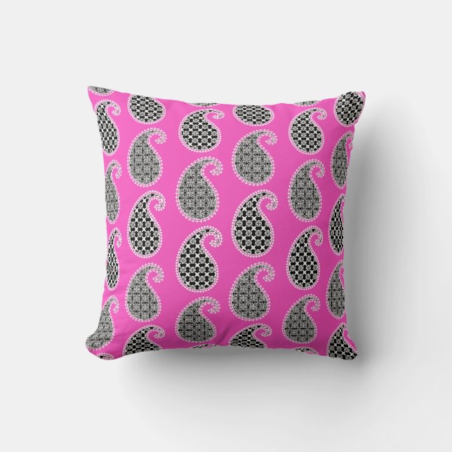 Paisley pattern, fuchsia pink, black and white throw pillow (Front)